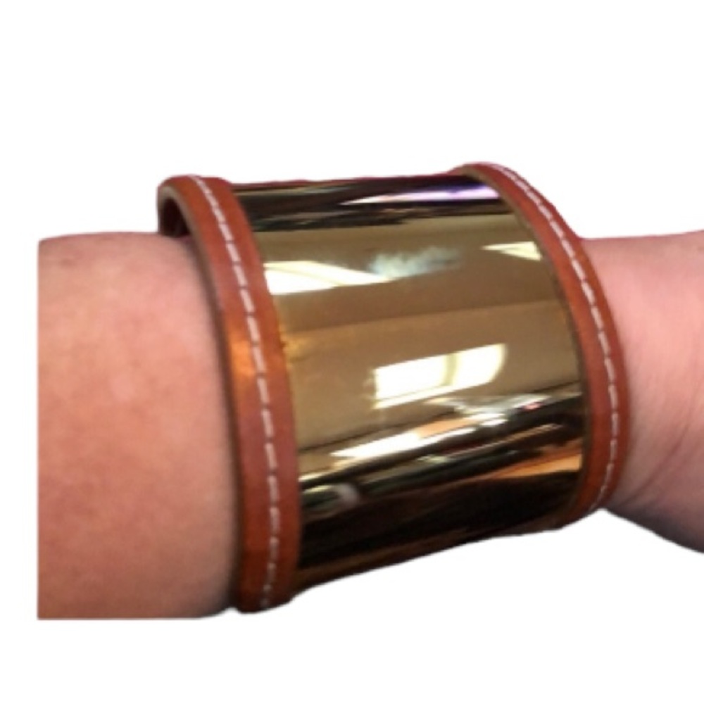 Micheal Kors gold cuff bracelet cognac brown leather trim NWOT - Picture 2 of 10